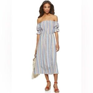 Scoop Striped Off the Shoulder Dress Linen Blend